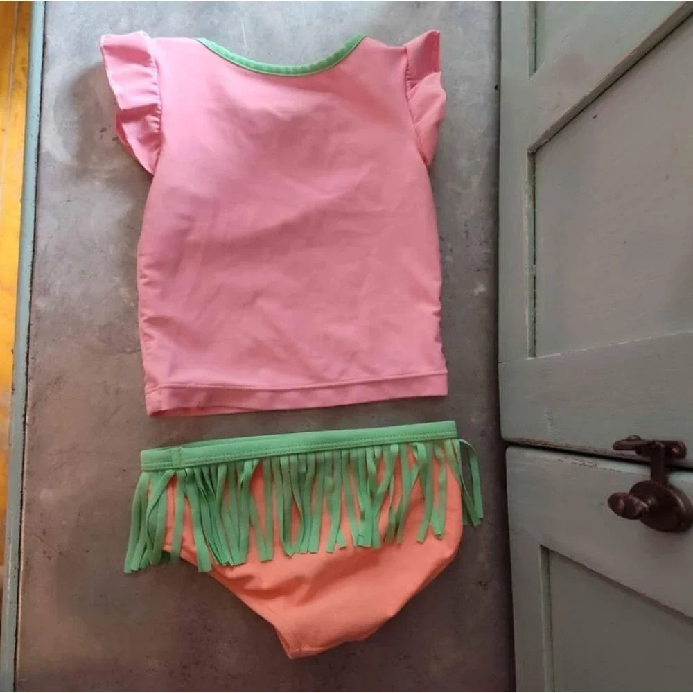 Carter's Pink Peach Green Floral Fringe 2pc Swimsuit Toddler size 18 months